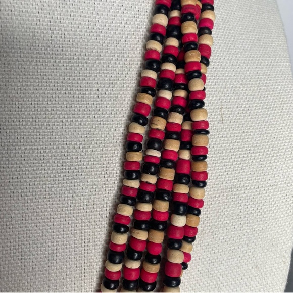 Vintage 1980's Wooden Beaded Necklace Black, Cream,‎ Red Five Strands - Picture 4 of 12